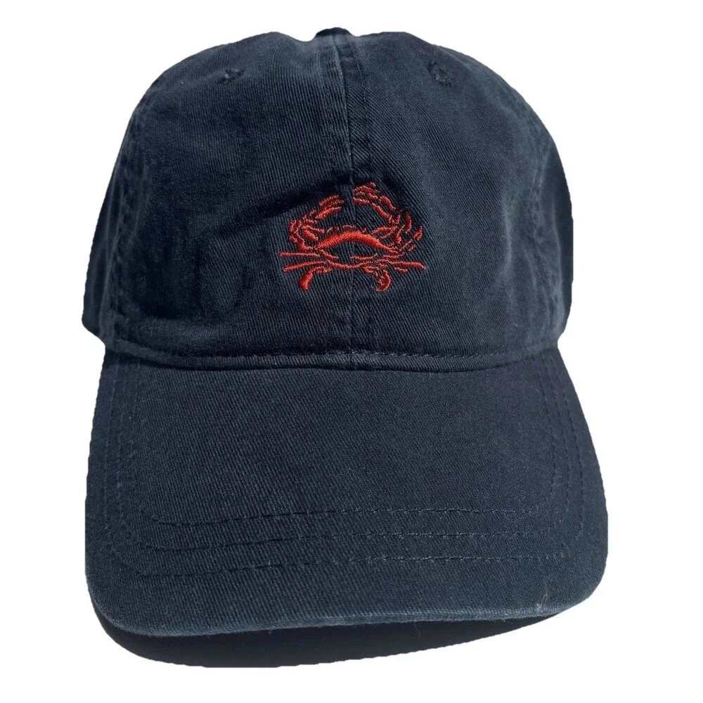 J. Crew Baseball Hat Navy Blue With Red Embroidered Crab Adjustable Logo on Back